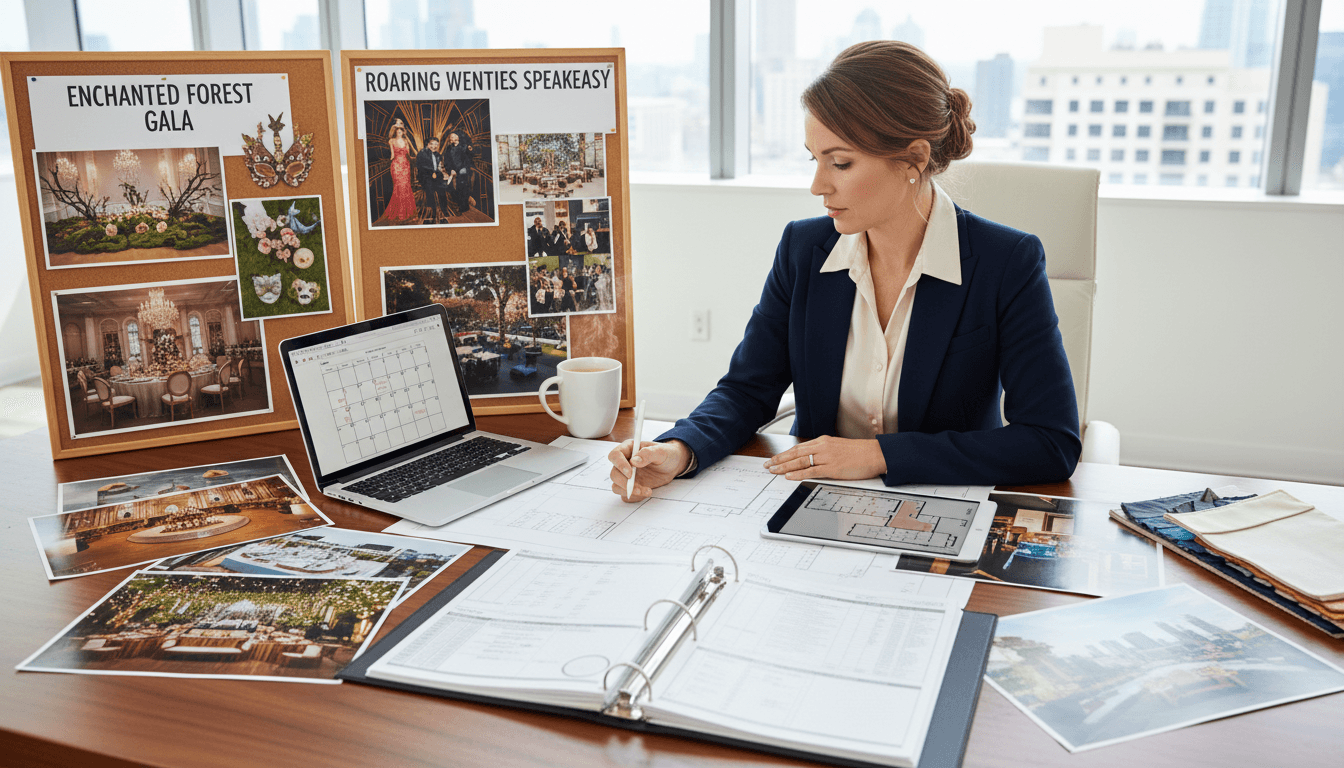 Event coordinator organizing party details with professional planning materials