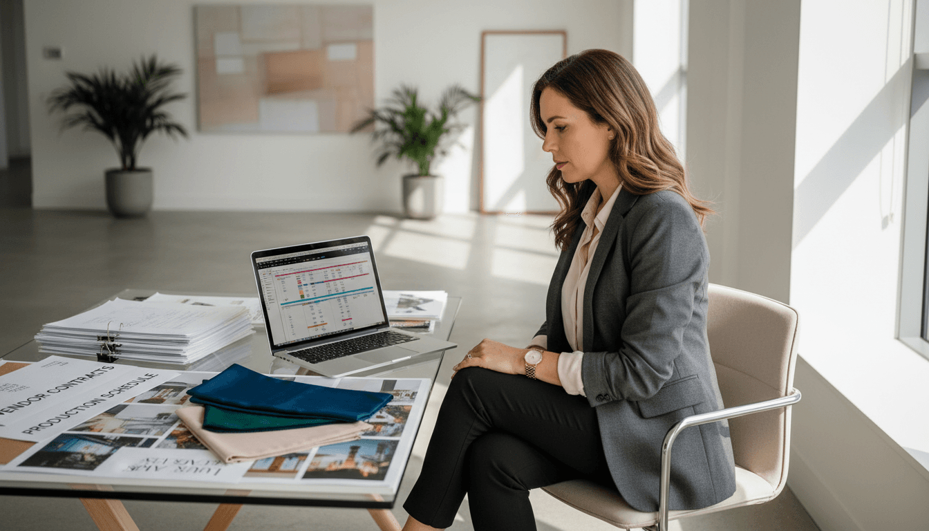 Event planner reviewing celebration details with professional materials