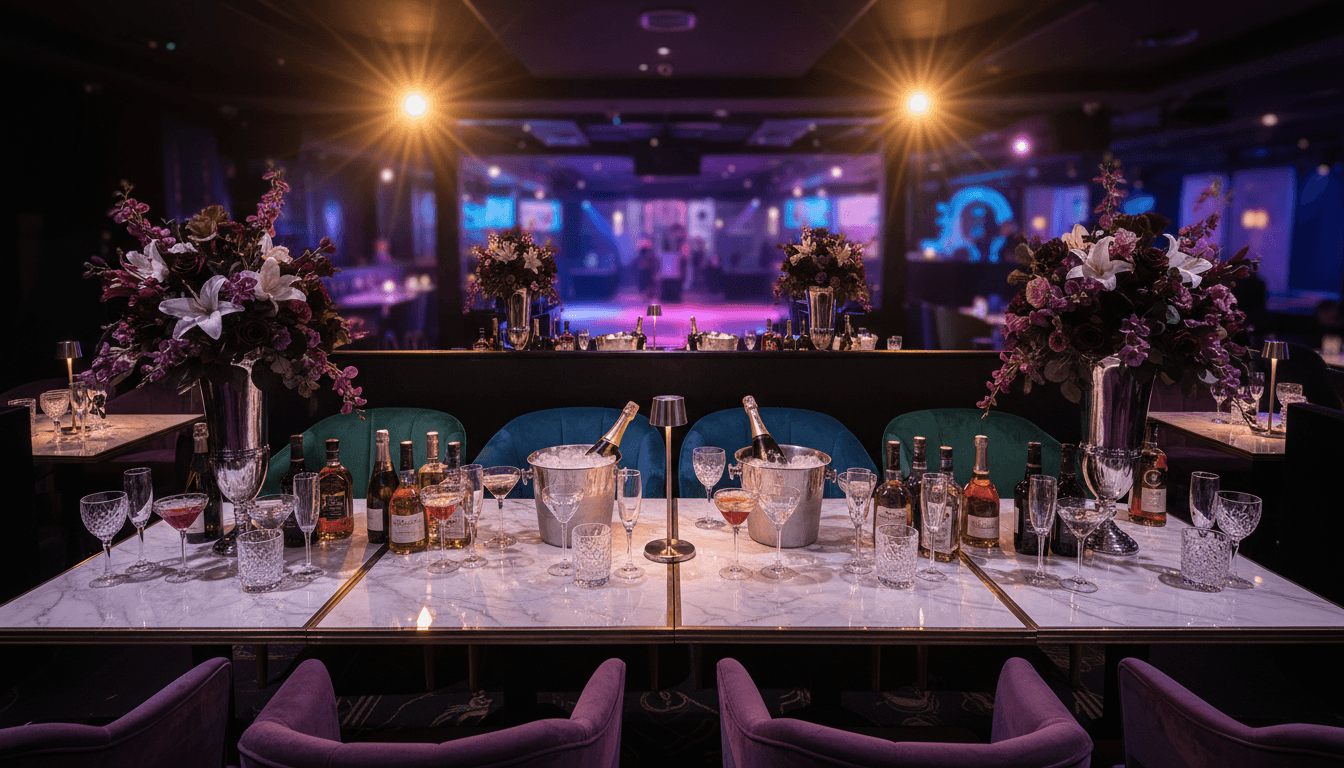 Elegant VIP birthday party with sophisticated decorations and guests celebrating