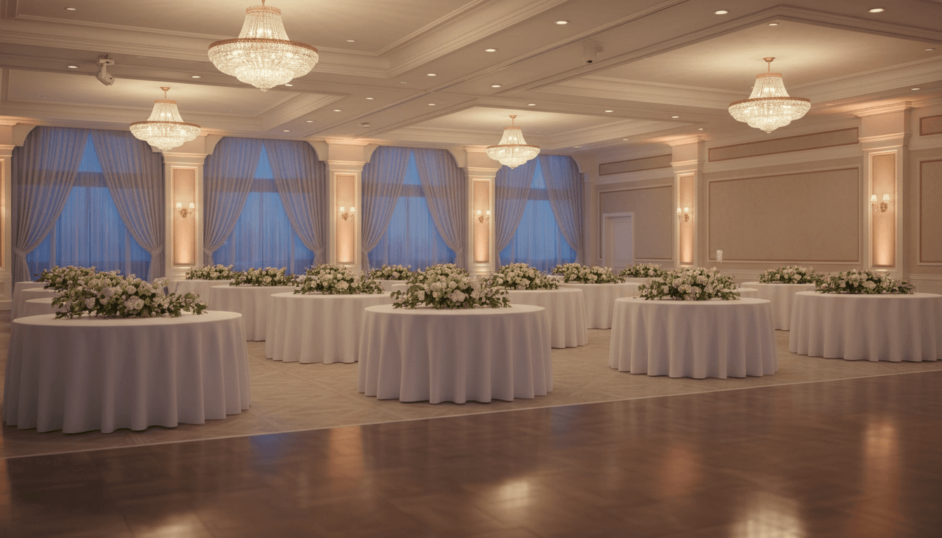 Elegant luxury birthday ballroom with sophisticated setup and warm lighting